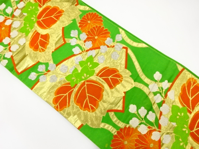 JAPANESE KIMONO / ANTIQUE FUKURO OBI / SILK / WOVEN KIKU & PAULOWNIA